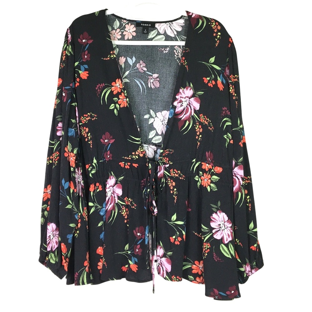 Torrid Dark Floral Tie Front Gauze Peplum Kimono Top 2 Black